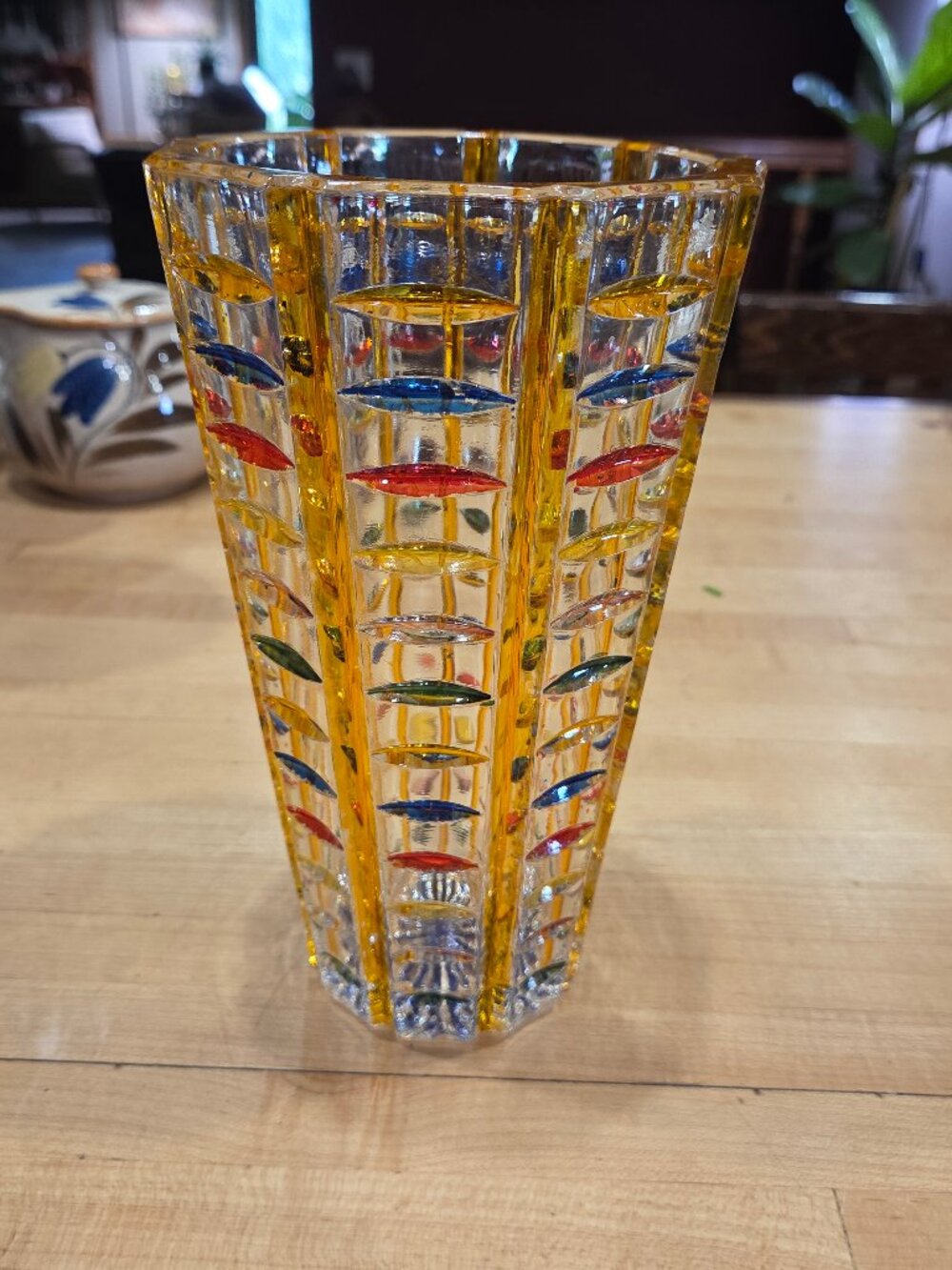 Vintage Egermann Bohemian Multicolor Cut Crystal Vase 9.5"